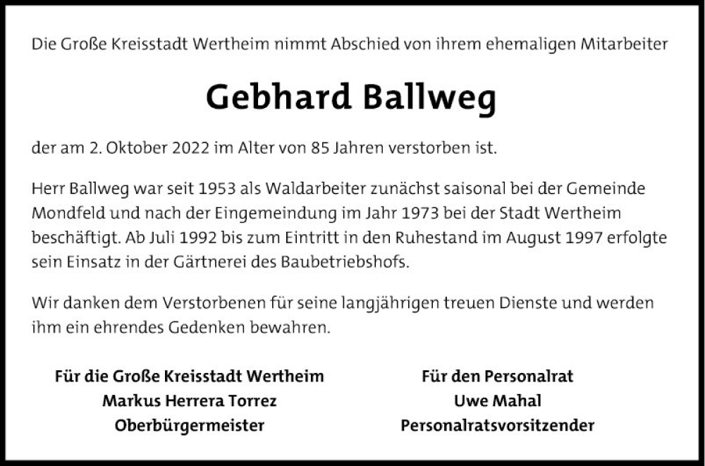  Traueranzeige für Gebhard Ballweg vom 07.10.2022 aus Fränkische Nachrichten