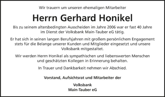 Traueranzeige von Gerhard Honikel von Fränkische Nachrichten