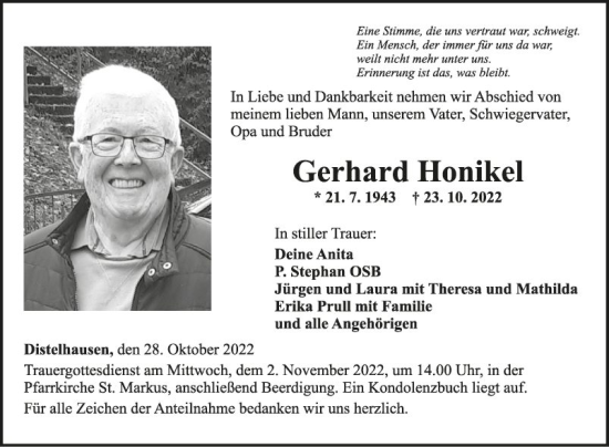 Traueranzeige von Gerhard Honikel von Fränkische Nachrichten