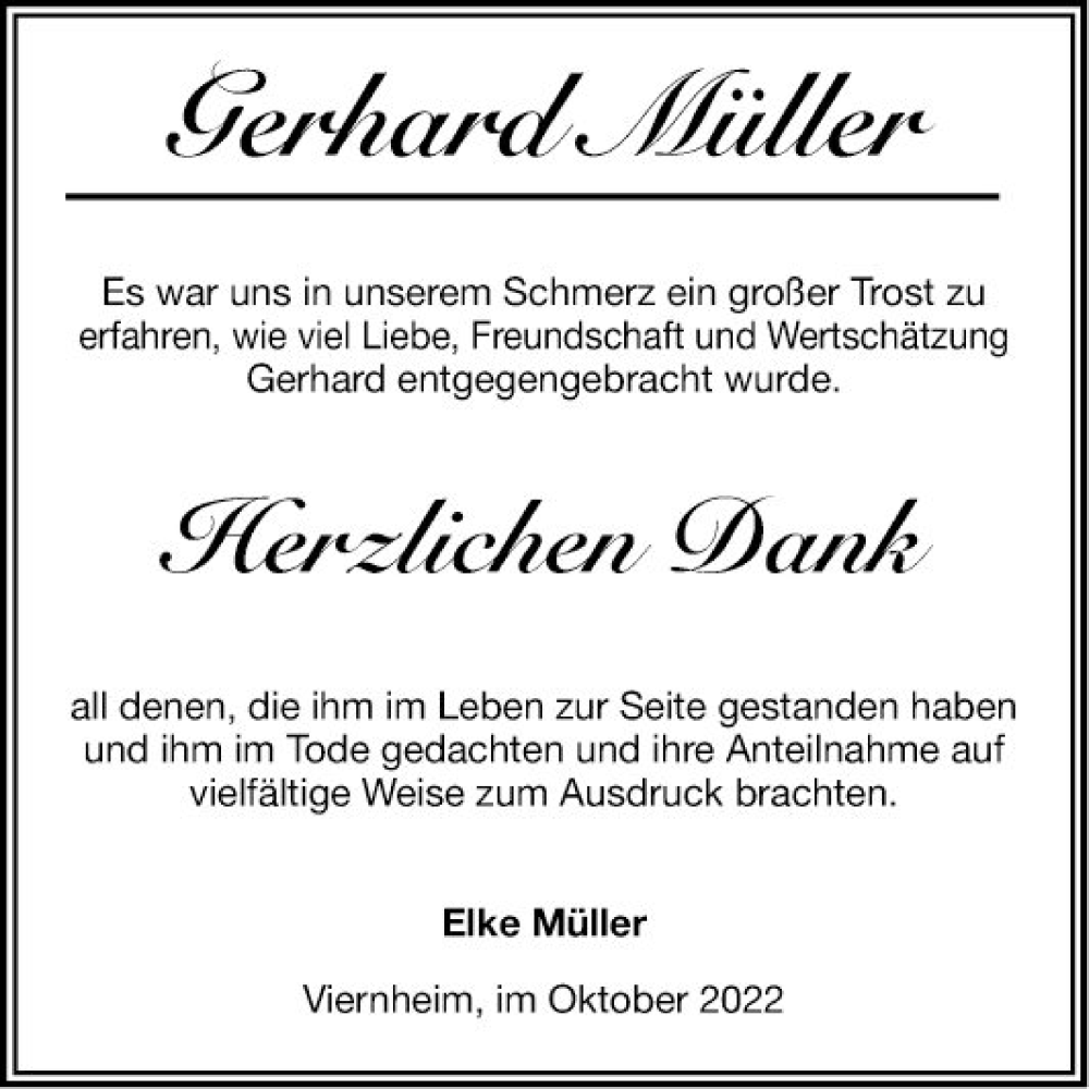  Traueranzeige für Gerhard Müller vom 22.10.2022 aus Mannheimer Morgen