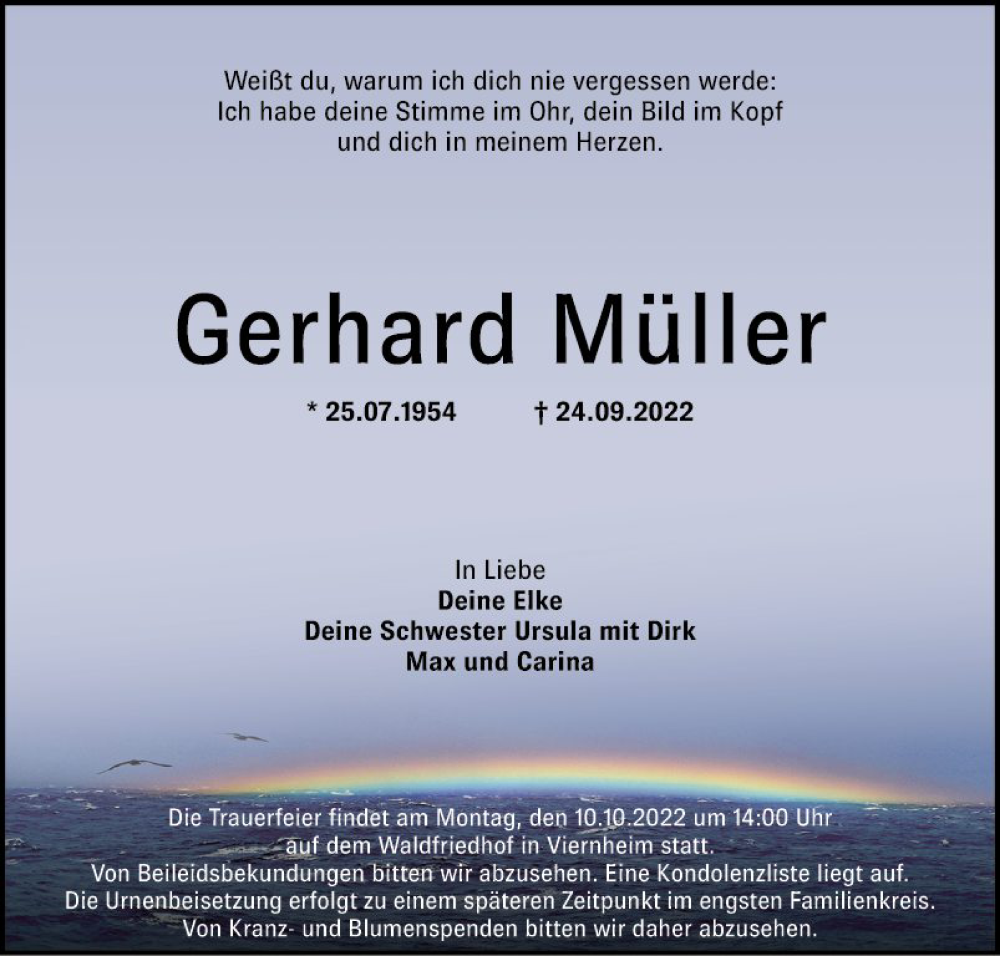  Traueranzeige für Gerhard Müller vom 07.10.2022 aus Mannheimer Morgen