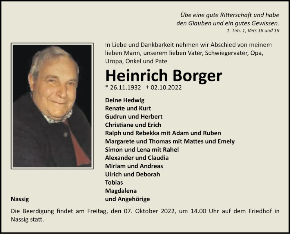  Traueranzeige für Heinrich Borger vom 05.10.2022 aus Fränkische Nachrichten