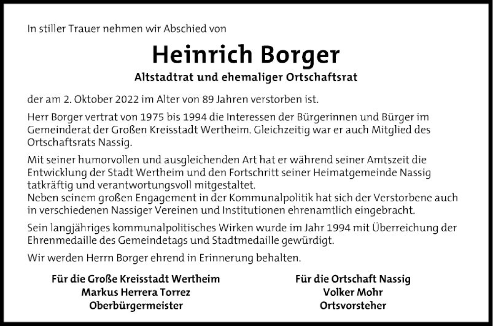  Traueranzeige für Heinrich Borger vom 06.10.2022 aus Fränkische Nachrichten