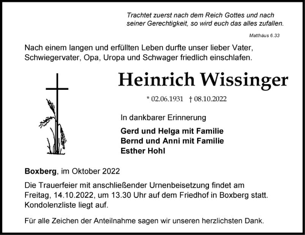 Traueranzeige für Heinrich Wissinger vom 12.10.2022 aus Fränkische Nachrichten