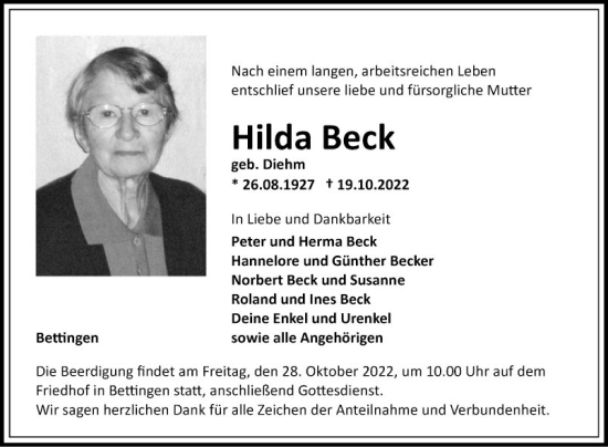 Traueranzeige von Hilda Beck von Fränkische Nachrichten