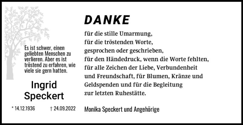 Traueranzeige für Ingrid Speckert vom 24.10.2022 aus Mannheimer Morgen