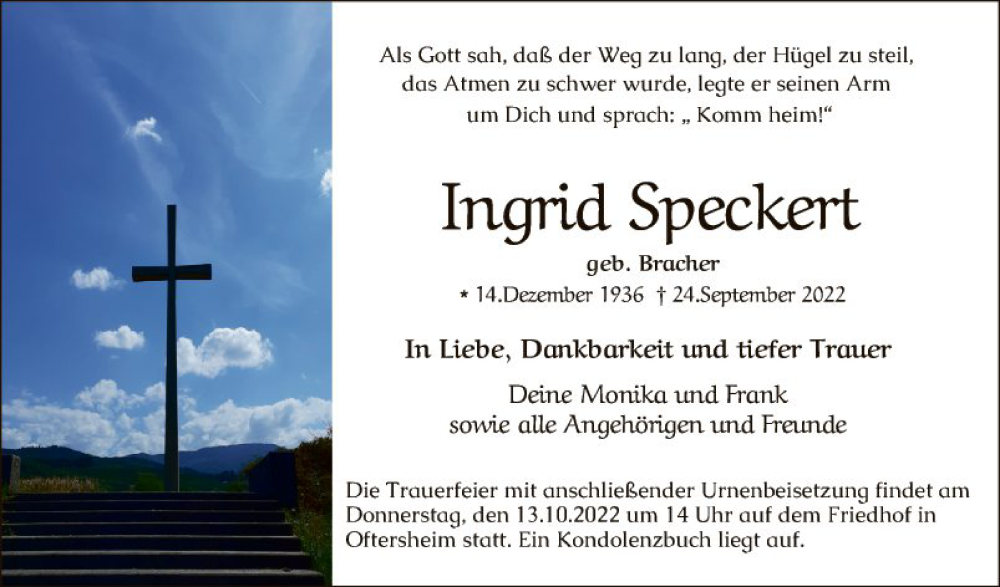  Traueranzeige für Ingrid Speckert vom 08.10.2022 aus Schwetzinger Zeitung