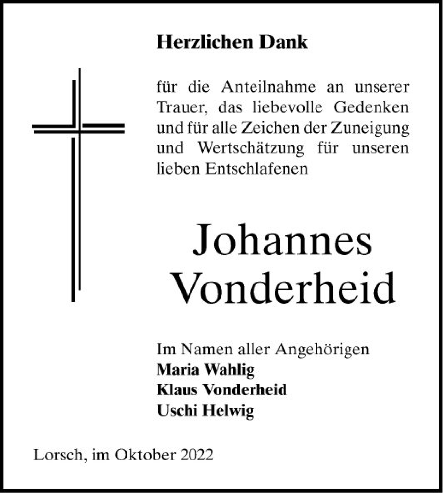  Traueranzeige für Johannes Vonderheid vom 15.10.2022 aus Bergsträßer Anzeiger