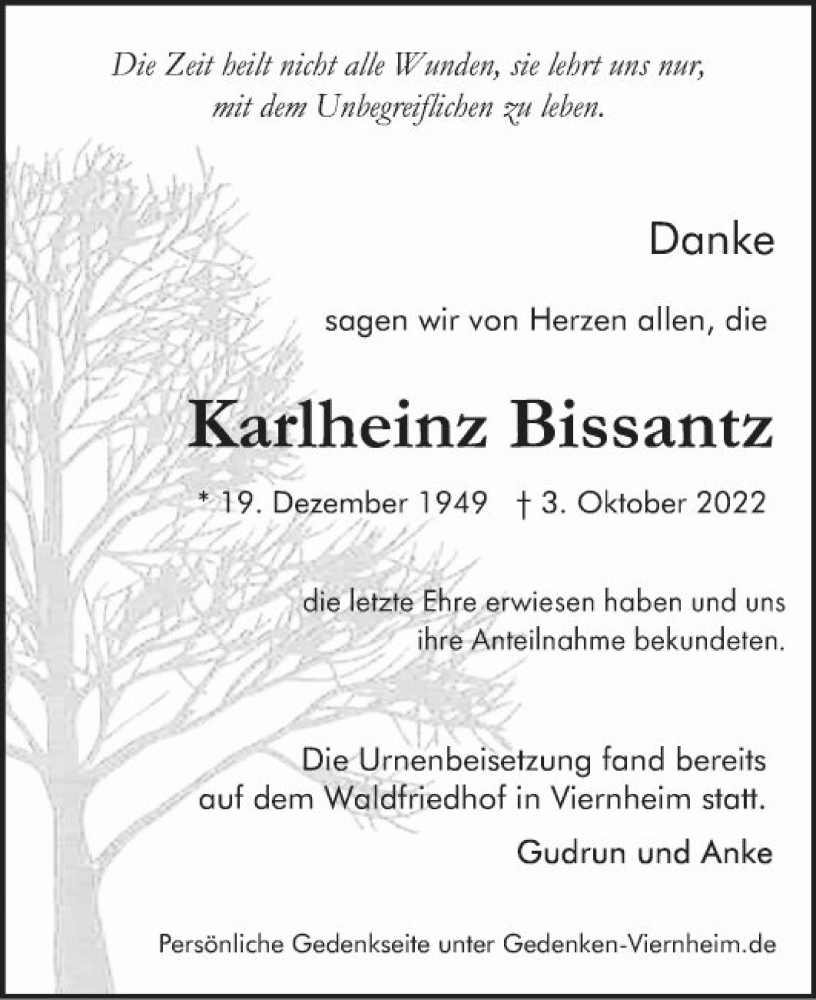  Traueranzeige für Karlheinz Bissantz vom 22.10.2022 aus Mannheimer Morgen