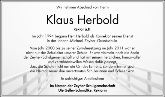 Traueranzeige von Klaus Herbold von Schwetzinger Zeitung