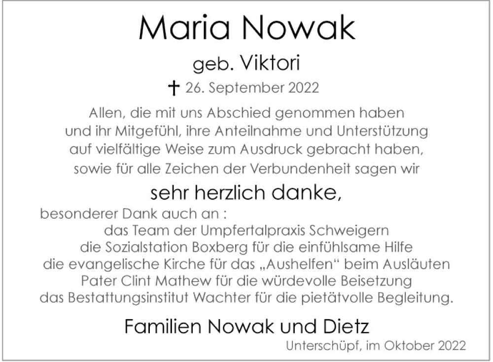  Traueranzeige für Maria Nowak vom 15.10.2022 aus Fränkische Nachrichten