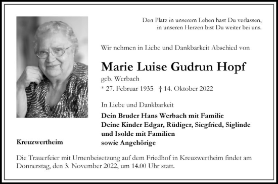 Traueranzeige von Marie Luise Gudrun Hopf von Fränkische Nachrichten