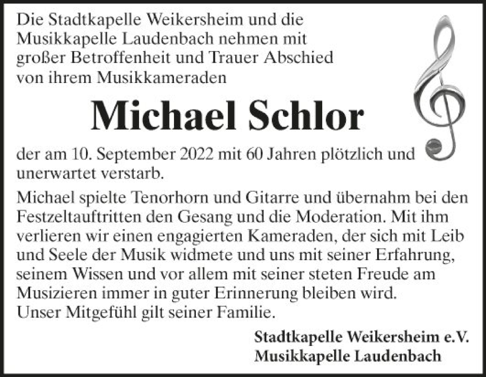  Traueranzeige für Michael Schlor vom 05.10.2022 aus Fränkische Nachrichten