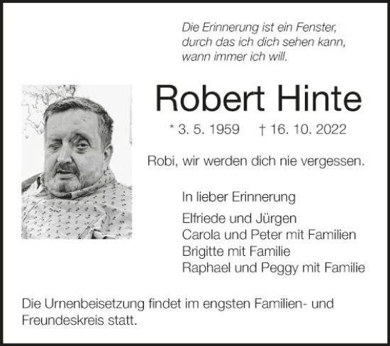 Traueranzeige von Robert Hinte von Fränkische Nachrichten