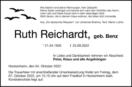 Traueranzeige von Ruth Reichardt von Schwetzinger Zeitung