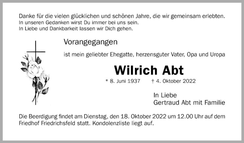  Traueranzeige für Wilrich Abt vom 15.10.2022 aus Mannheimer Morgen