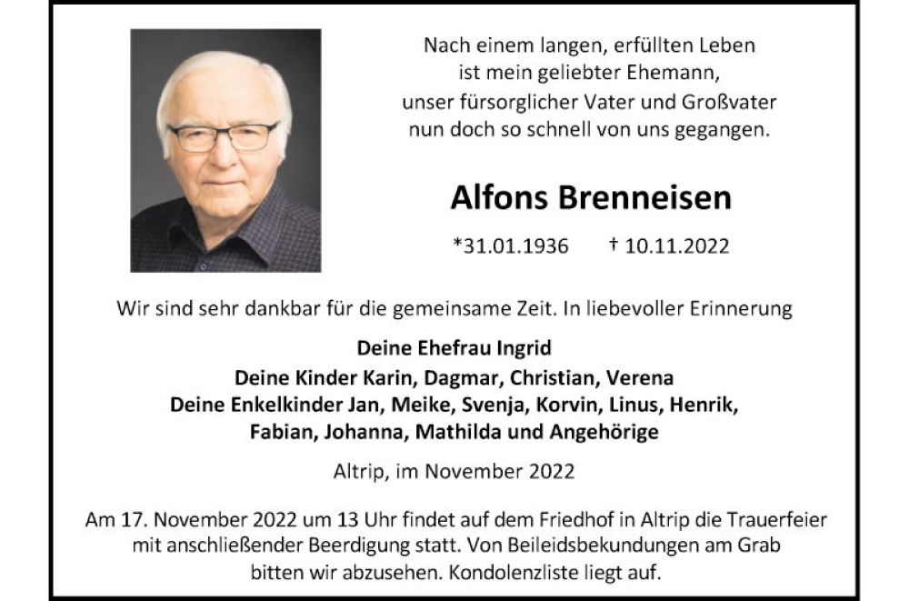  Traueranzeige für Alfons Brenneisen vom 14.11.2022 aus Mannheimer Morgen