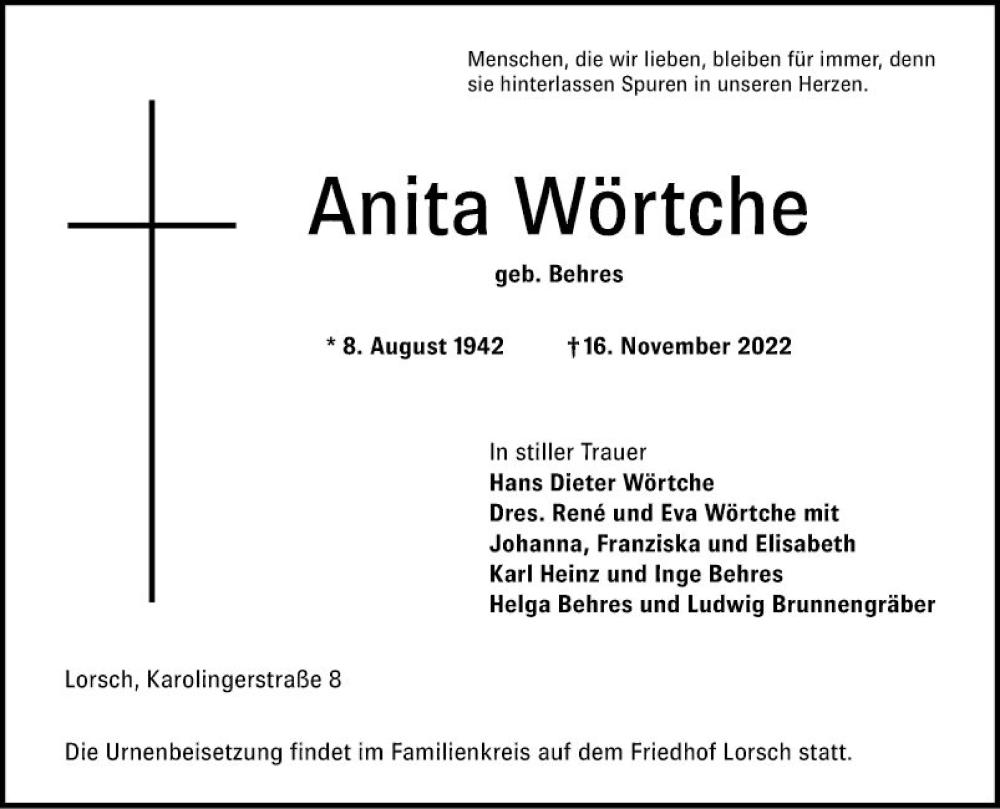  Traueranzeige für Anita Wörtche vom 26.11.2022 aus Bergsträßer Anzeiger