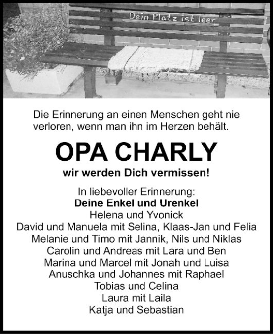 Traueranzeige von Charly  von Fränkische Nachrichten