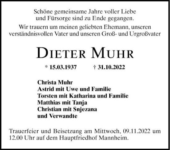 Traueranzeige von Dieter Muhr von Mannheimer Morgen