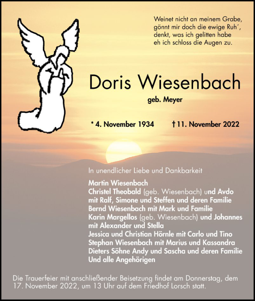  Traueranzeige für Doris Wiesenbach vom 16.11.2022 aus Bergsträßer Anzeiger