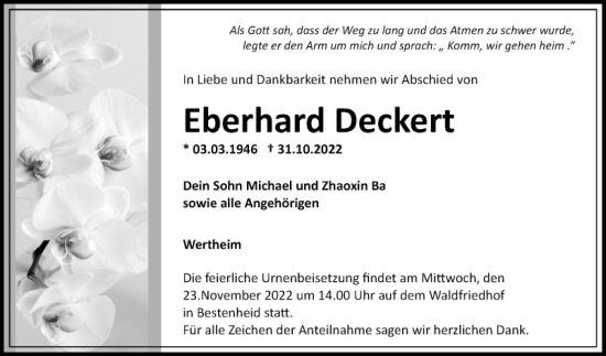 Traueranzeige von Eberhard Deckert von Fränkische Nachrichten