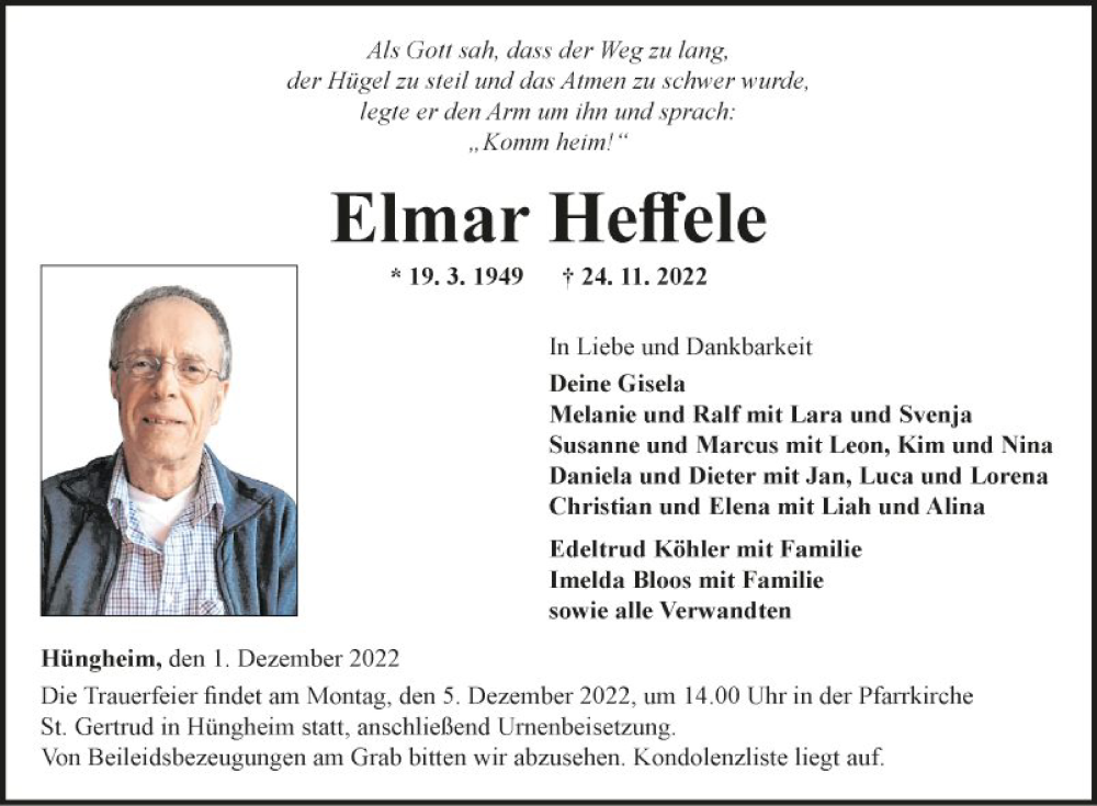  Traueranzeige für Elmar Heffele vom 01.12.2022 aus Fränkische Nachrichten