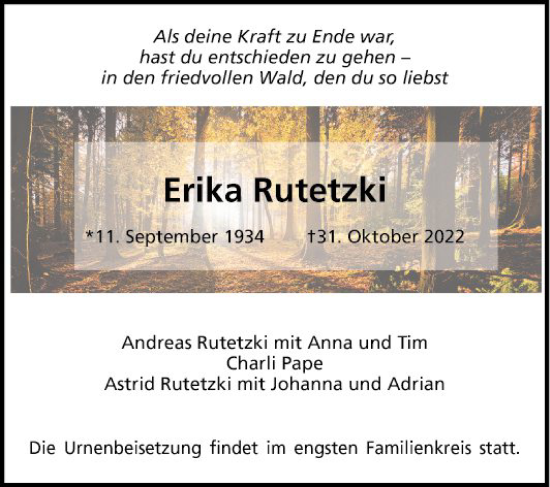 Traueranzeige von Erika Rutetzki von Mannheimer Morgen