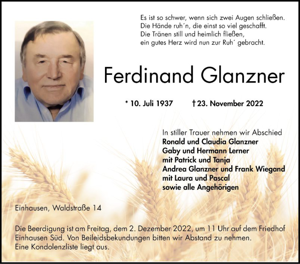  Traueranzeige für Ferdinand Glanzner vom 26.11.2022 aus Bergsträßer Anzeiger