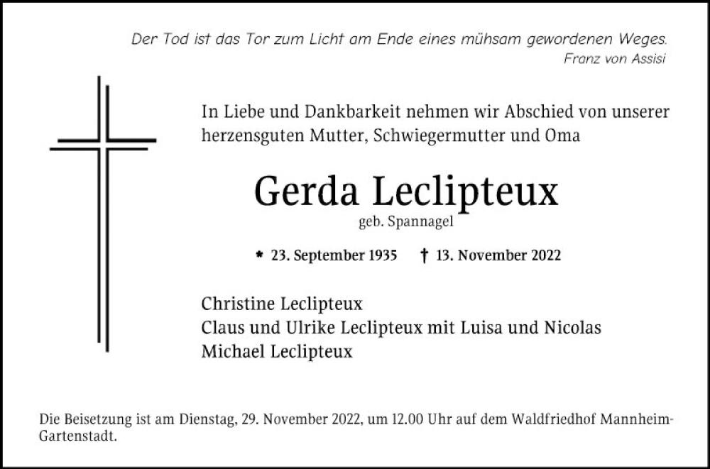  Traueranzeige für Gerda Leclipteux vom 19.11.2022 aus Mannheimer Morgen