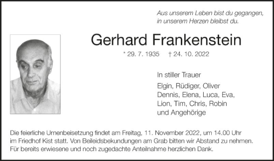 Traueranzeige von Gerhard Frankenstein von Fränkische Nachrichten