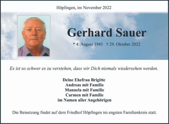 Traueranzeige von Gerhard Sauer von Fränkische Nachrichten