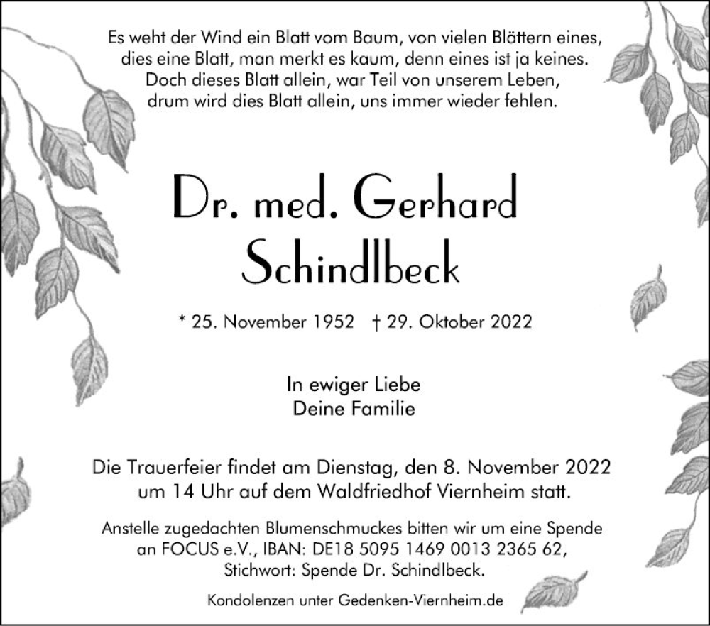  Traueranzeige für Gerhard Schindlbeck vom 05.11.2022 aus Mannheimer Morgen