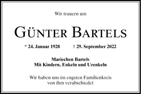Traueranzeige von Günter Bartels von Mannheimer Morgen