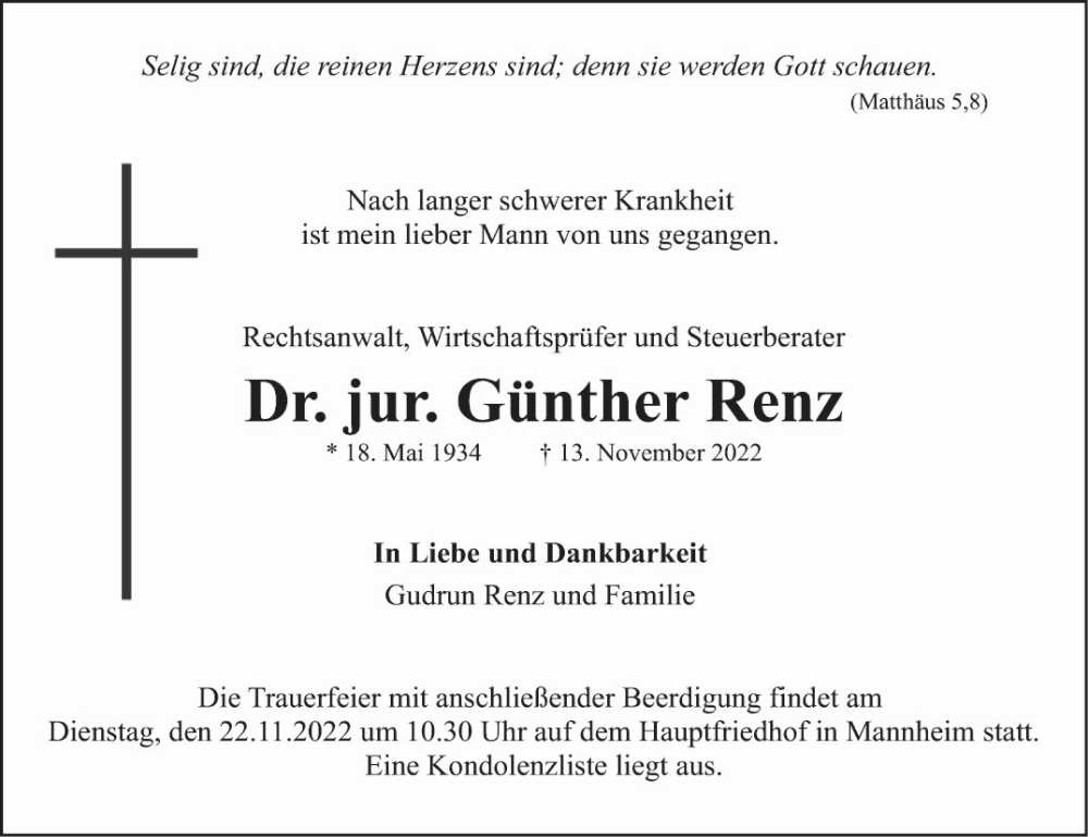  Traueranzeige für Günther Renz vom 19.11.2022 aus Mannheimer Morgen
