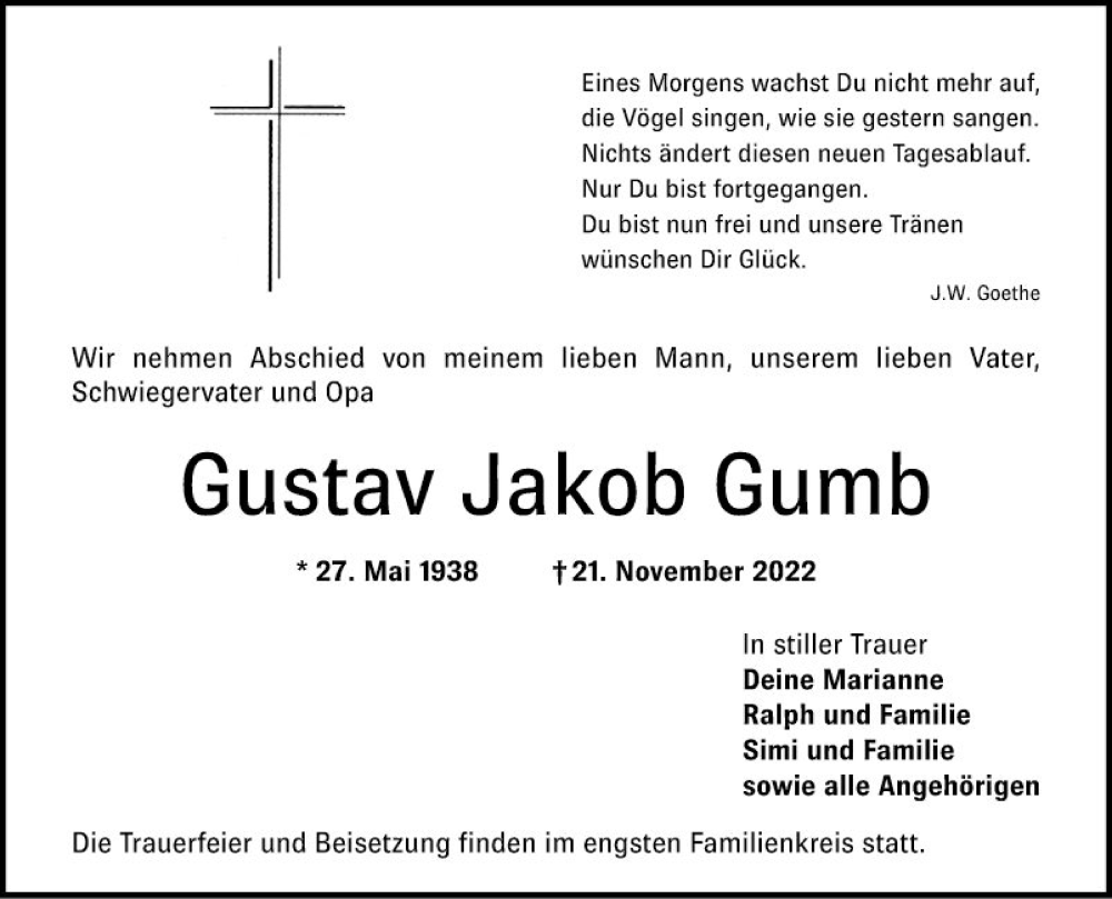  Traueranzeige für Gustav Jakob Gumb vom 26.11.2022 aus Bergsträßer Anzeiger