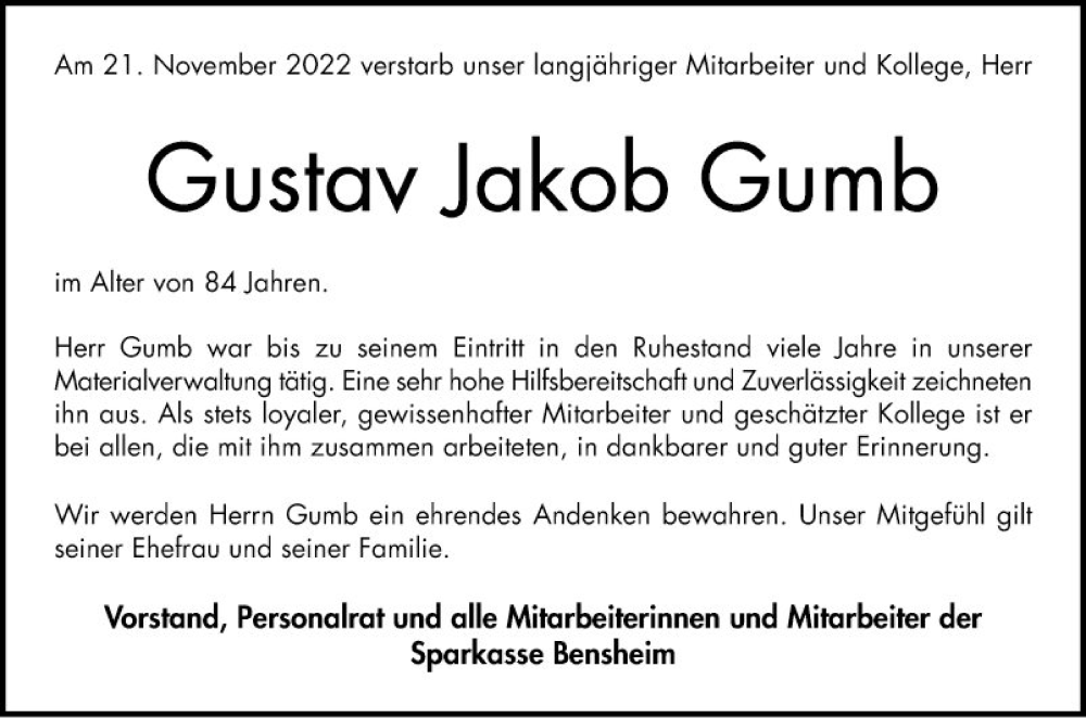  Traueranzeige für Gustav Jakob Gumb vom 01.12.2022 aus Bergsträßer Anzeiger