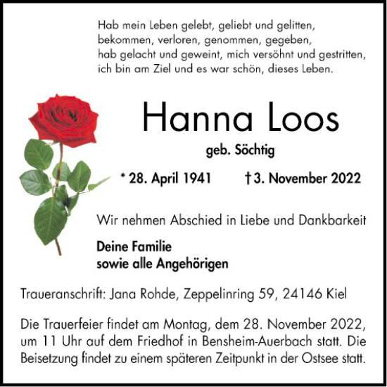 Traueranzeige von Hanna Loos von Bergsträßer Anzeiger