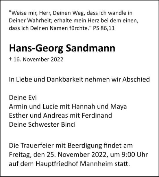 Traueranzeige von Hans-Georg Sandmann von Mannheimer Morgen