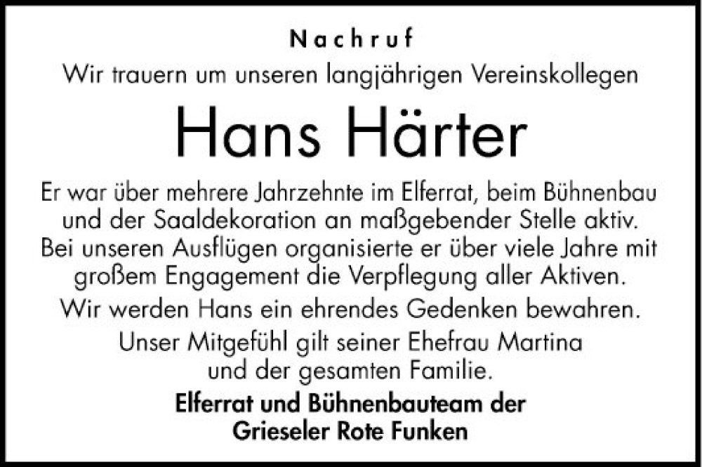  Traueranzeige für Hans Härter vom 29.11.2022 aus Bergsträßer Anzeiger