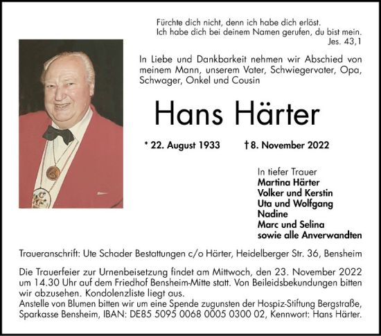 Traueranzeige von Hans Härter von Bergsträßer Anzeiger