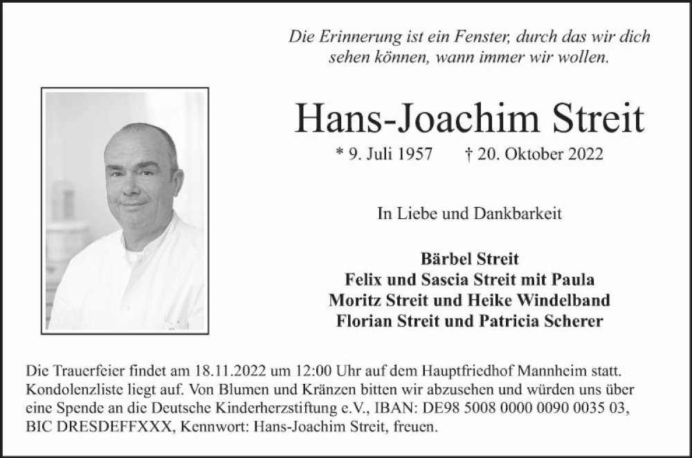  Traueranzeige für Hans-Joachim Streit vom 12.11.2022 aus Mannheimer Morgen