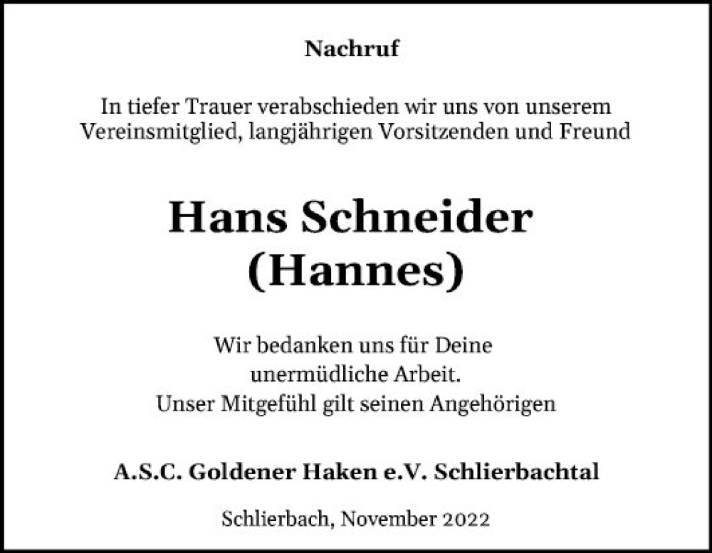  Traueranzeige für Hans Schneider vom 21.11.2022 aus Bergsträßer Anzeiger
