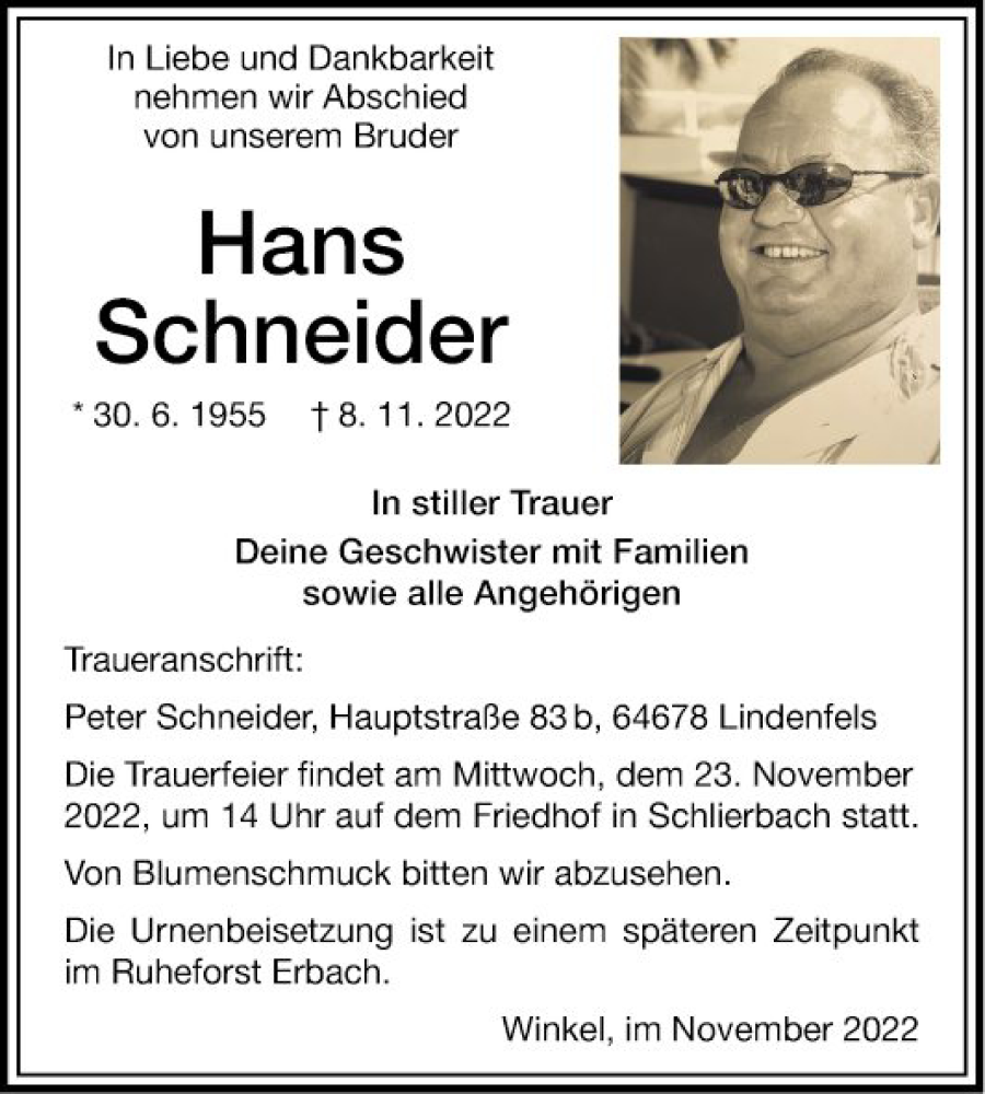  Traueranzeige für Hans Schneider vom 19.11.2022 aus Bergsträßer Anzeiger