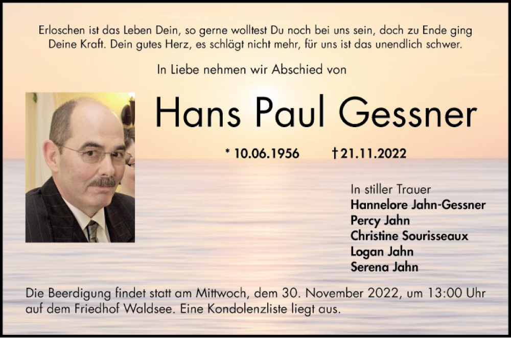  Traueranzeige für Hans Paul Gessner vom 26.11.2022 aus Bergsträßer Anzeiger
