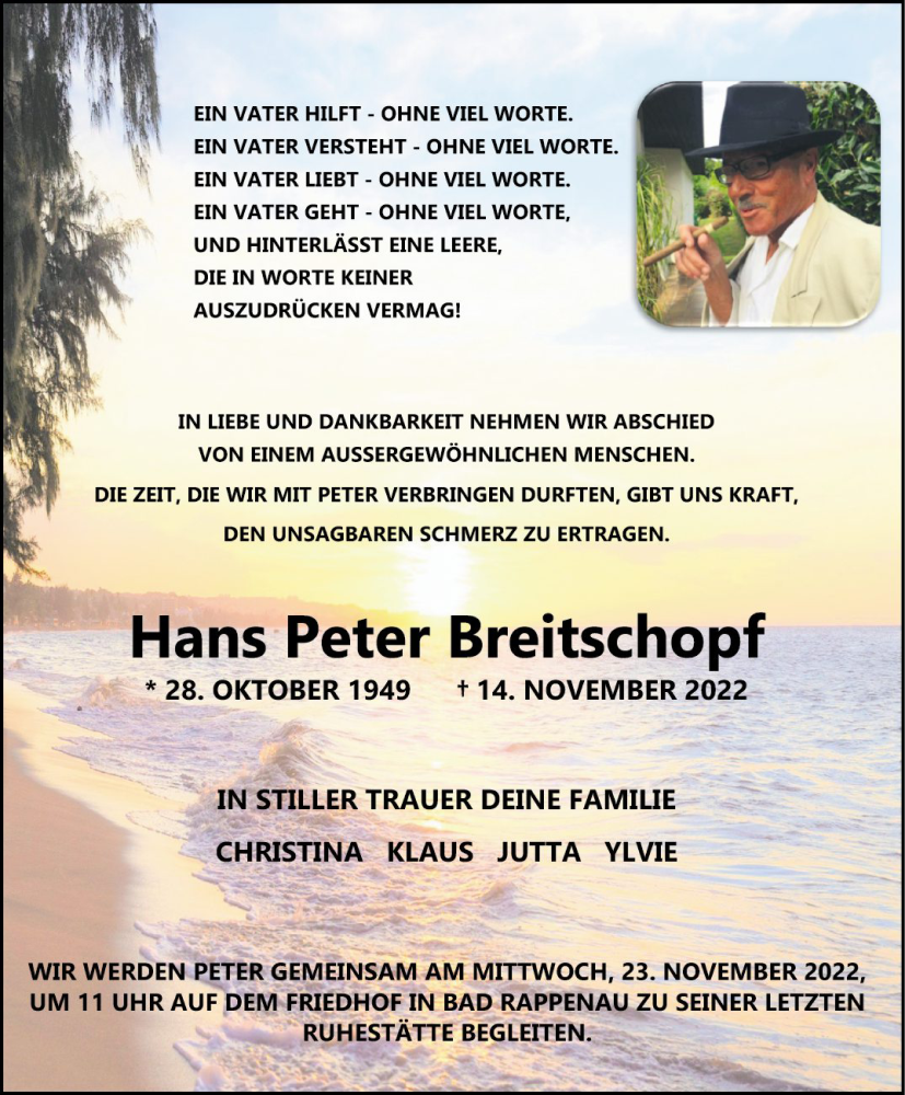  Traueranzeige für Hans Peter Breitschopf vom 19.11.2022 aus Mannheimer Morgen