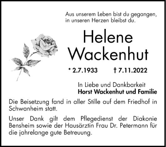 Traueranzeige von Helene Wackenhut von Bergsträßer Anzeiger