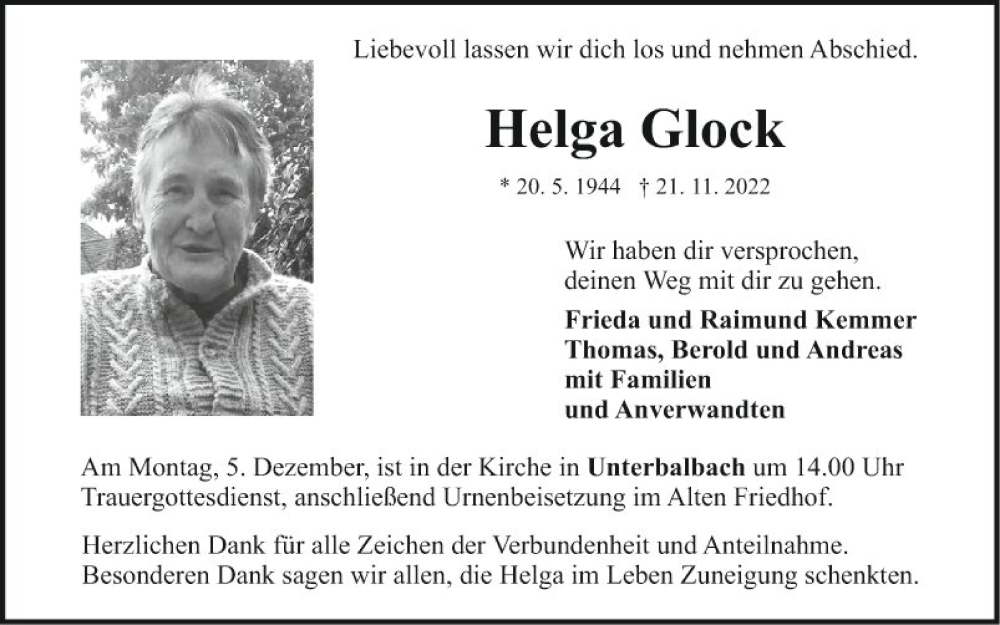  Traueranzeige für Helga Glock vom 29.11.2022 aus Fränkische Nachrichten