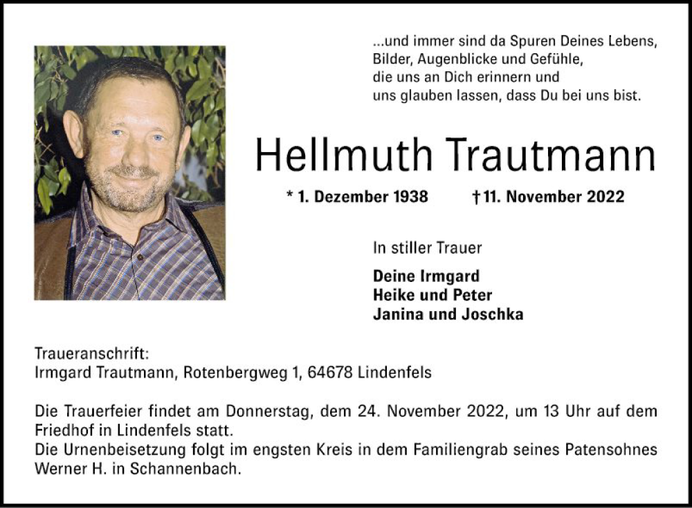  Traueranzeige für Hellmuth Trautmann vom 19.11.2022 aus Bergsträßer Anzeiger