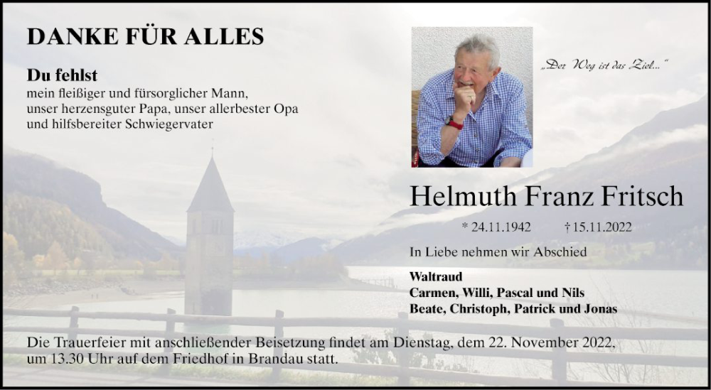 Traueranzeige für Helmuth Franz Fritsch vom 19.11.2022 aus Bergsträßer Anzeiger